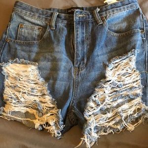 High waisted distressed denim shorts